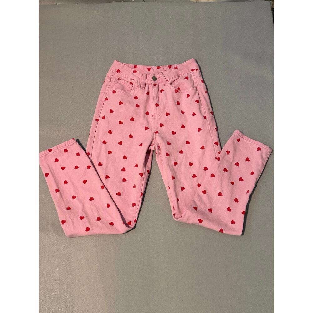 Women’s Pink Red Heart Print Straight Leg Jeans Size XS Valentine Y2K
